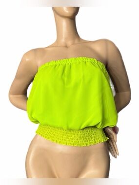 Mega Neon Lime Strapless Smocked Hem Tube Top